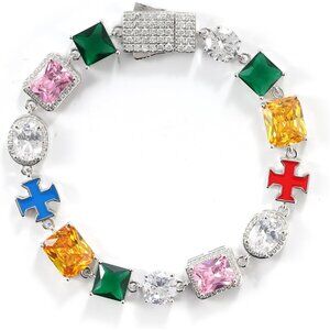 Colorful Diamond Cross Tennis Chain Bracelet 8in Gold Plated
